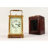 A GOOD FRENCH BRASS REPEATER CARRIAGE CLOCK, Retailed by ROBERT PLEISSNER, DRESDEN. 14cms high, in a