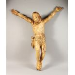 A 17TH-18TH CENTURY ITALIAN CARVED WOOD, GILDED AND PAINTED CORPUS CHRISTI. 3ft 2ins long.