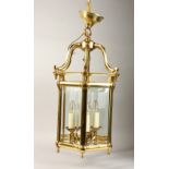 A GOOD BRASS HEXAGONAL HANGING LANTERN. 2ft high.