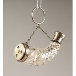 A VICTORIAN CUT GLASS SILVER TOP HORN SHAPED SCENT BOTTLE. 7.5cms long.