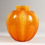 A LALIQUE VASE " CHARDONS" AMBER. Signed R. LALIQUE. No. 929. 19cms high. Illus. page 424 R. Lalique