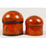 TWO INDIAN CIRCULAR WOODEN PENWORK BOXES.