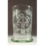 AN EARLY MASONIC TANKARD engraved with symbols and A. H. 6ins high.