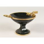 A SUPERB FABERGE STYLE JADE AND SILVER GILT TWO-HANDLED COMPORT-TAZZA, with eagle handles and set