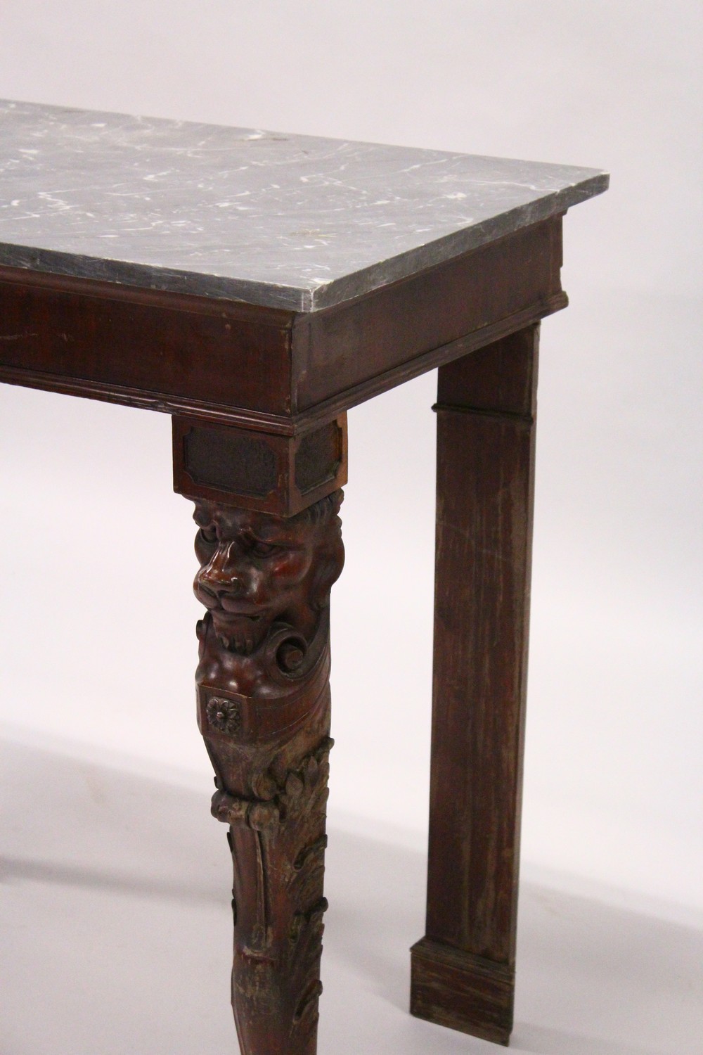 A 19TH CENTURY MAHOGANY AND MARBLE CONSOLE TABLE, the rectangular grey marble top supported on a - Image 2 of 5