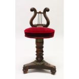 A 19TH CENTURY ROSEWOOD REVOLVING MUSIC SEAT, with lyre shaped back, overstuffed seat on a turned