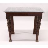 A 19TH CENTURY MAHOGANY AND MARBLE CONSOLE TABLE, the rectangular grey marble top supported on a