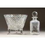 A CUT GLASS FRUIT BOWL and WHISKY DECANTER AND STOPPER.