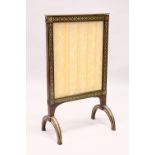 A REGENCY MAHOGANY AND BRASS INLAID FIRE SCREEN with upholstered panel on curving legs. 3ft 8.5ins