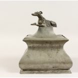 A SQUARE PEWTER BOX AND COVER, the lid with a greyhound, 10ins high. Mark Maltese cross over