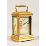 A MINIATURE FRENCH BRASS CARRIAGE CLOCK, with Sevres design porcelain panels.