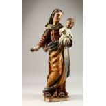 AN 18TH CENTURY ITALIAN CARVED WOOD AND PAINTED MADONNA AND CHILD. 1ft 10ins high.