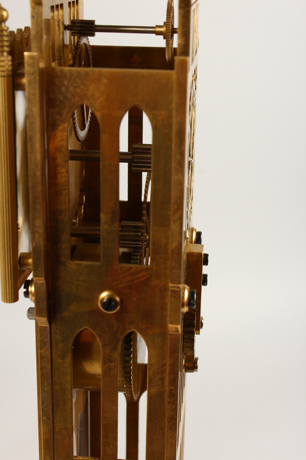A GOOD BIG BEN PIERCED BRASS SKELETON CLOCK, in a glass case. 2ft high. - Image 7 of 9
