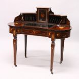A 19TH CENTURY FRENCH LADIES' ROSEWOOD AND MARQUETRY KIDNEY SHAPE WRITING DESK, the upper section