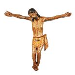A 17TH-18TH CENTURY ITALIAN CARVED WOOD, GILDED AND PAINTED CORPUS CHRISTI. 2ft 2ins long.