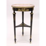 A 19TH CENTURY FRENCH EBONIZED, ORMOLU MOUNTED, MARBLE TOP GUERIDON, the circular top supported by