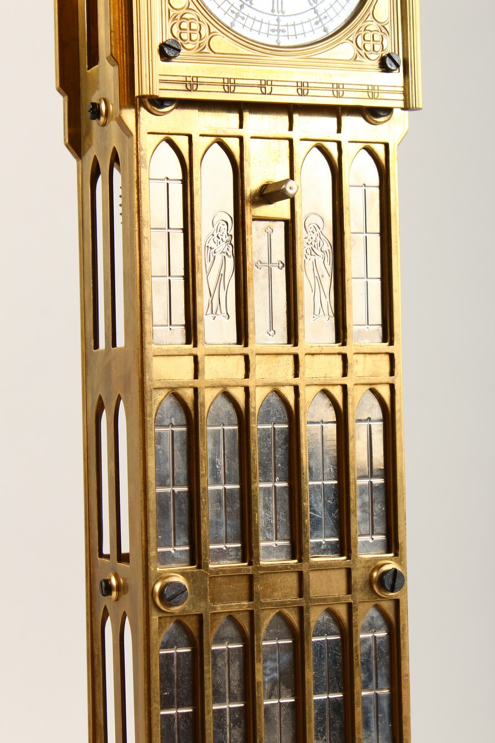 A GOOD BIG BEN PIERCED BRASS SKELETON CLOCK, in a glass case. 2ft high. - Image 3 of 9