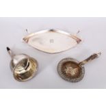 A WINE FUNNEL, lemon strainer and two handled tray (3).