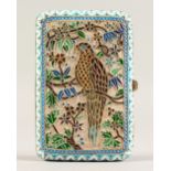 A GOOD RUSSIAN SILVER GILT AND ENAMEL CIGARETTE CASE, decorated with parakeets. 10cms x 7cms.
