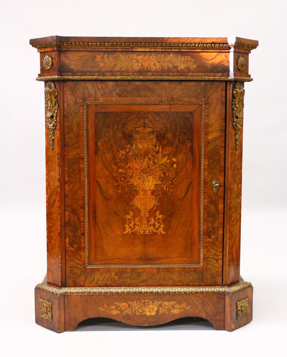 A GOOD VICTORIAN WALNUT, MARQUETRY AND ORMOLU PIER CABINET, with a floral inlaid frieze, the