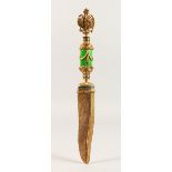 A VERY GOOD FABERGE STYLE ENAMEL AND SILVER GILT LETTER OPENER, shaped as a feather, set with
