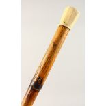A 19TH CENTURY BAMBOO DAGGER CANE, with ivory pommel. 37ins long.