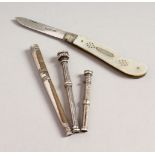 A SILVER AND MOTHER-OF-PEARL FRUIT KNIFE, Sheffield 1909, two pencils and a tube (4).
