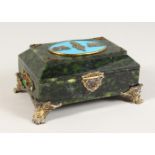 A SUPERB JADE, SILVER AND BLUE ENAMEL FABERGE STYLE JEWELLERY CASKET, with motifs, diamonds, on