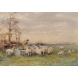 David Bates (1840-1921) British. A Landscape, with a Young Boy Feeding the Sheep, Watercolour,