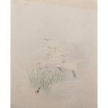 Early 20th Century Japanese School. Storks Flying above an Iris, Watercolour, 11.5" x 9".