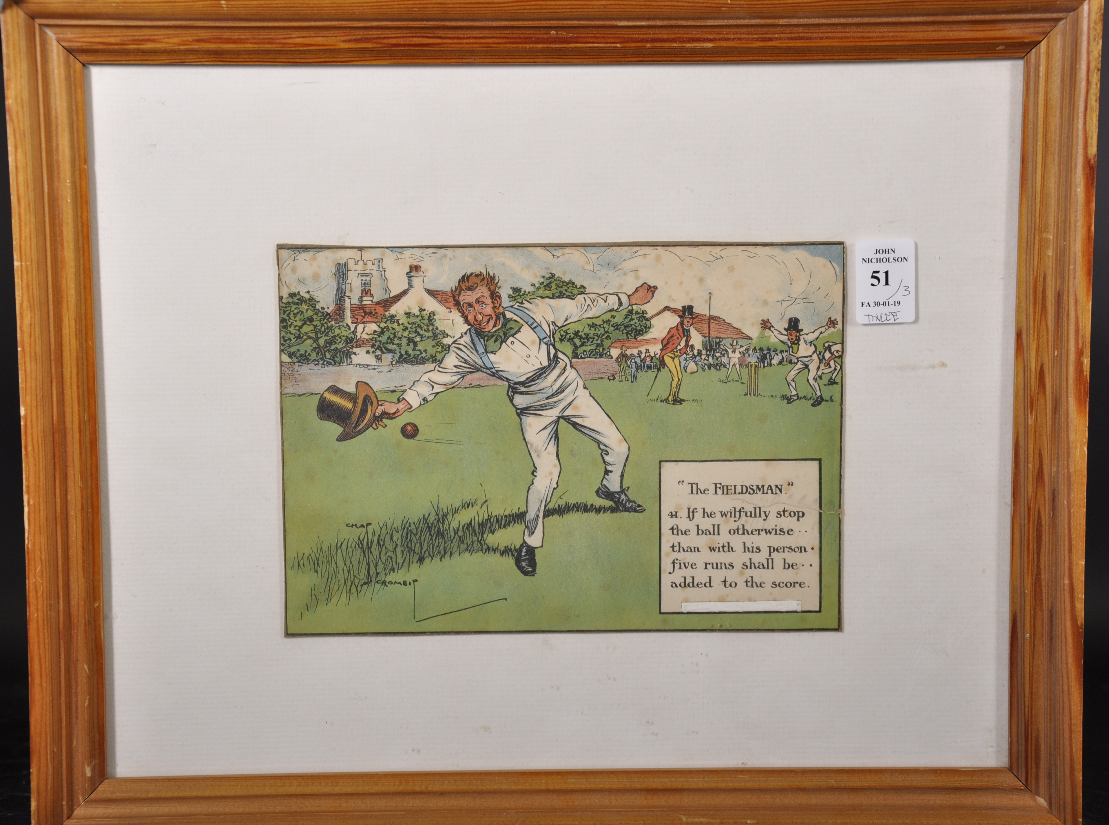 After Charles Crombie (1885-1967) British. "The Fieldsman", Print of Cricketers, 5.75" x 8.25", - Image 2 of 4