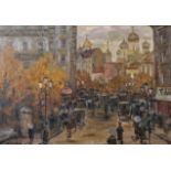 20th Century Russian School. A Street Scene in St Petersburg, Oil on Canvas, Signed in Cyrillic