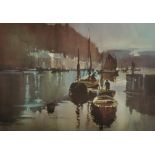 Claude Buckle (1905-1973) British. "Mevagissy", Boats at Harbour in the Moonlight, Print, Signed,