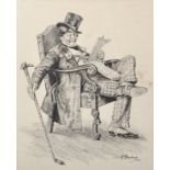 R...Conybeare (20th Century) British. A Seated Gentleman, with a Walking Stick moving his Cigar