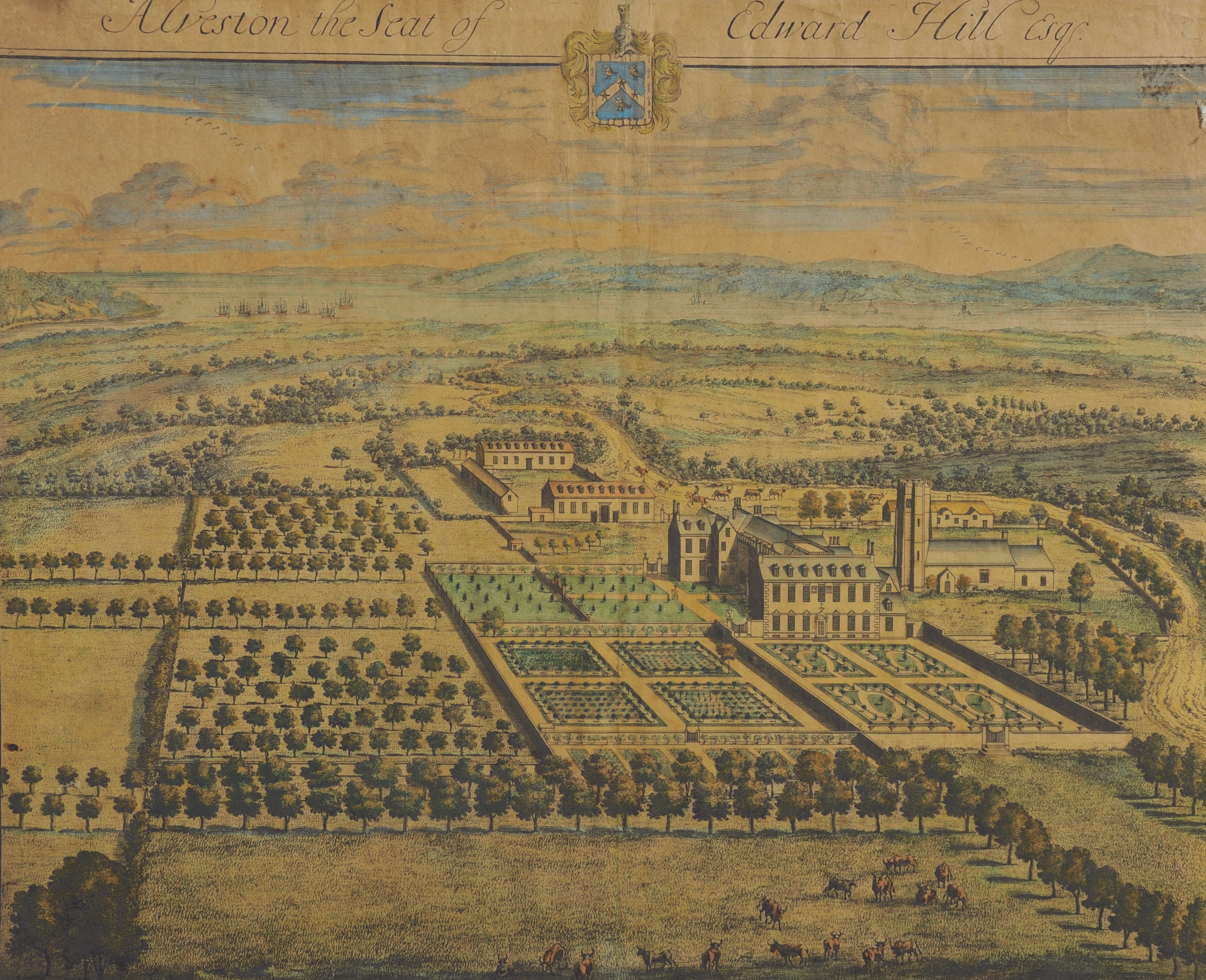 After Johannes Kip (c.1653-1722) Dutch. "Alveston, the Seat of Edward Hill Esq", Print, overall