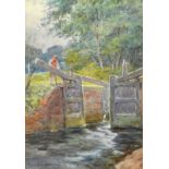 George Parsons Norman (1840-1914) British. "Loch Near Aylston", Study of a Man by a Lock Gate,