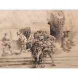 Gaetano Previati (1852-1920) Italian. Soldiers on the Cathedral Steps, Etching, 8.75" x 11.75",