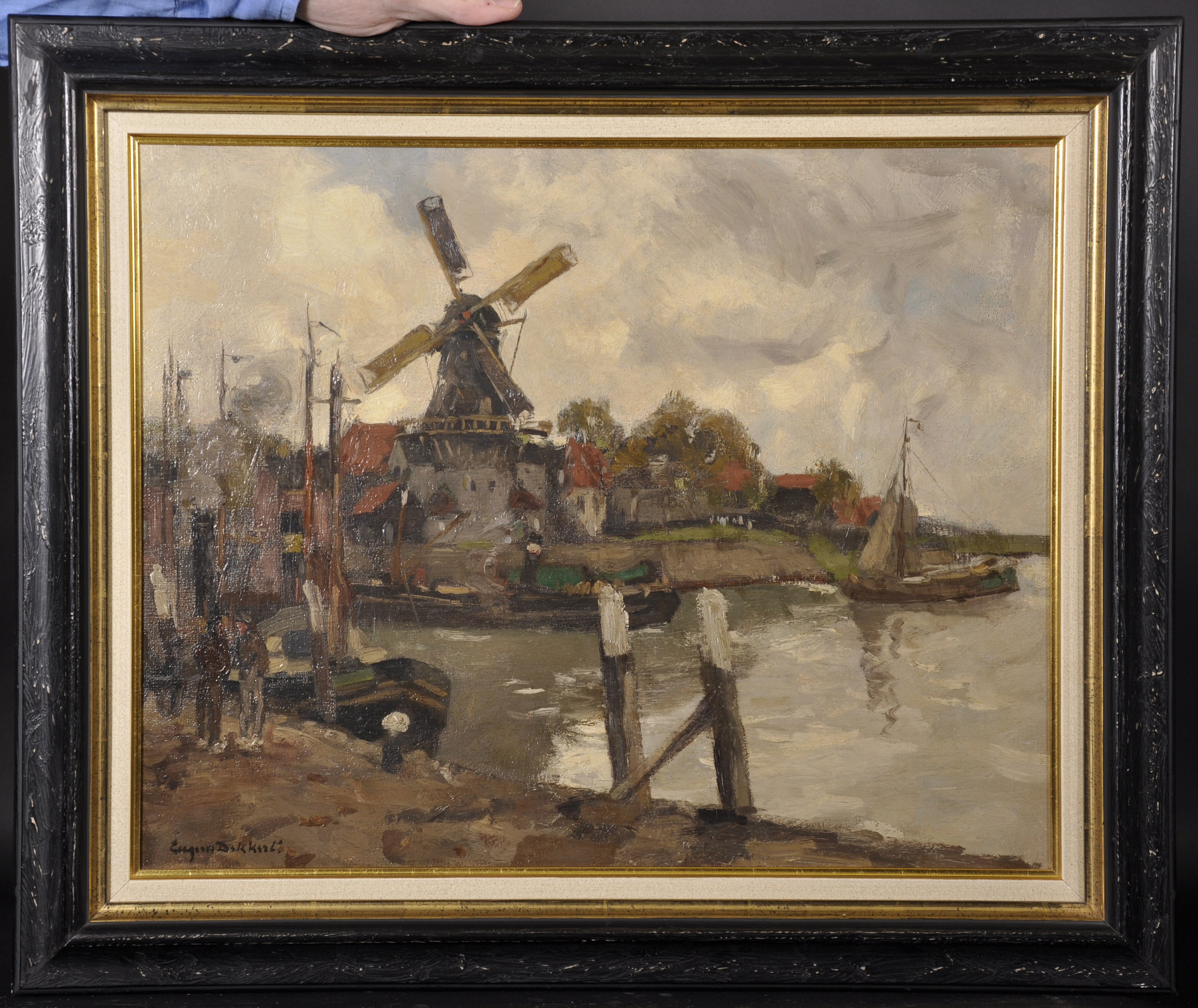 Eugene Dekkert (1865-1956) German. Figures on a Quayside with a Windmill in the distance, and Barges - Image 2 of 4