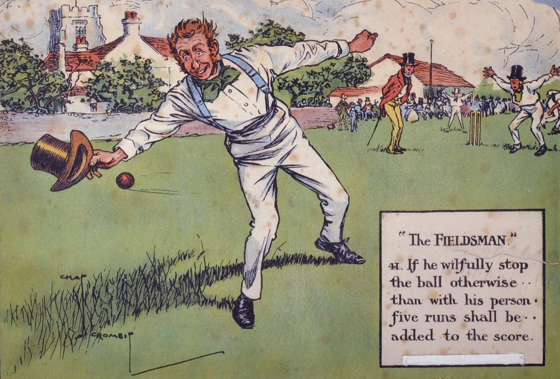 After Charles Crombie (1885-1967) British. "The Fieldsman", Print of Cricketers, 5.75" x 8.25",