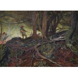 Circle of John Dawson Watson (1832-1892) British. A Thick Woodland Scene with Figures and Dogs,