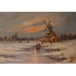 M... Bondony (19th - 20th Century) Dutch. A Winter Landscape with Figures on the Ice, a Windmill