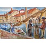 Colette Richarme (1904-1991) French. "Sete", Figures by a Canal, Watercolour, Signed, Inscribed