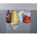 William Kempster (1914-1977) British. Still Life with a Bottle, Tea Pot, Bowl, Egg Cup and Jugs on a