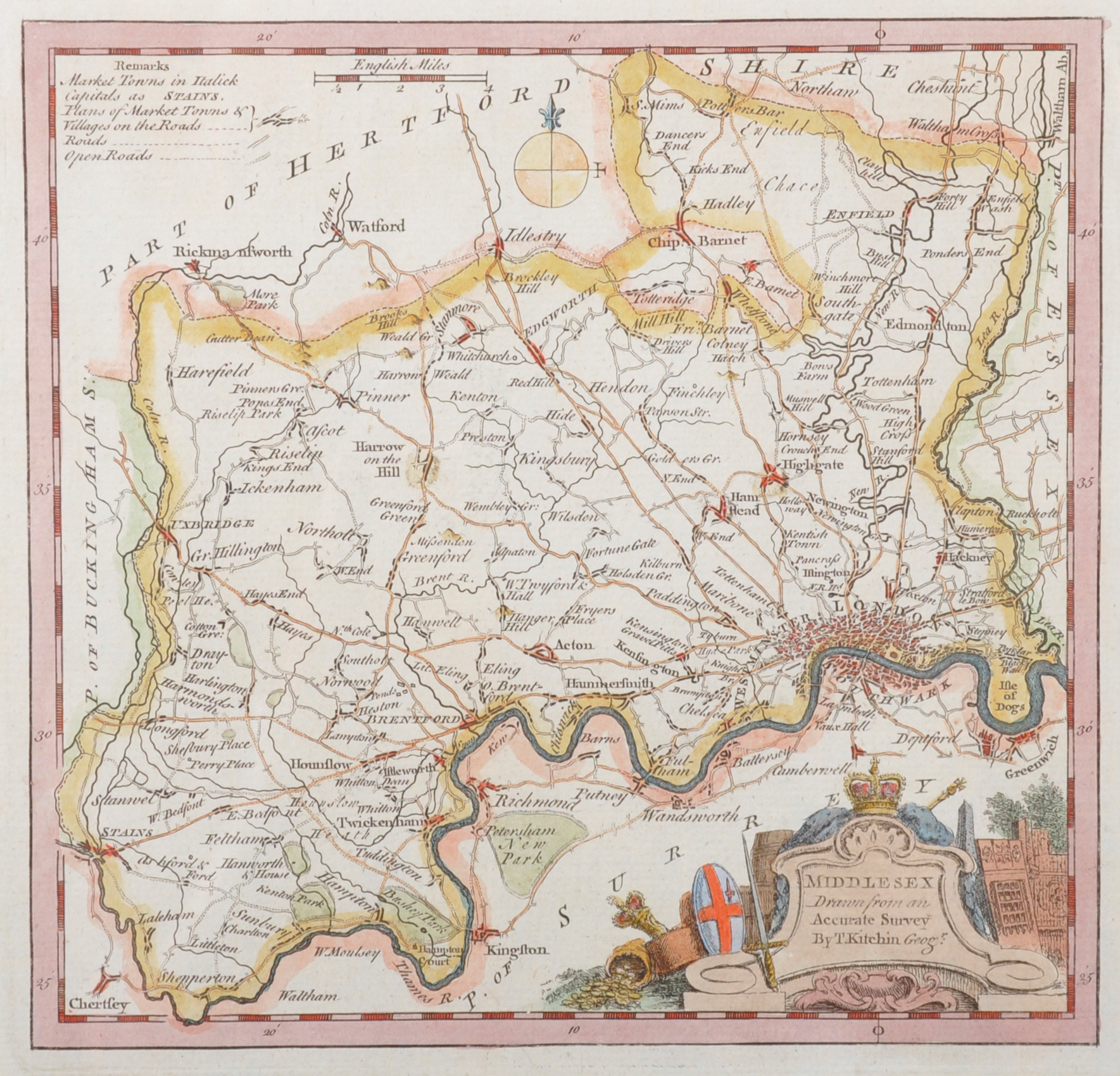 Thomas Kitchen (1718-1784) British. "Middlesex", Map, 7.25" x 7.5" and 20th Century English