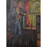 20th Century English School. Study of a Man reading a Book, by the Window in a Library, with a