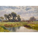 Howard Gaye (1849-1925) British. 'A Balmy Day with Cattle', a River Landscape, Watercolour,