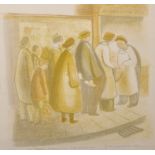 Eric James Mellon (1925-2014) British. 'Queuing at the Butchers', Lithograph, Signed, Inscribed '
