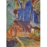 20th Century Polynesian School. A Hut surrounded by Trees, Watercolour, Unframed, 11.5" x 8.5".