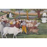 19th Century Indian School. Figures Herding Cattle, Gouache, 6.5" x 10".