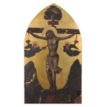 19th Century European School. Christ on the Cross with Attendant Angels, Oil on Panel, Arched,